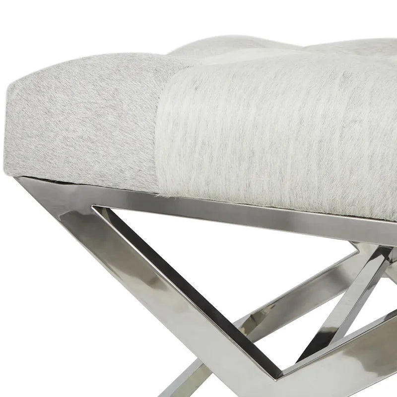 Tufted Leather Upholstered Accent Bench with Silver X-Base, Light Grey / Grey