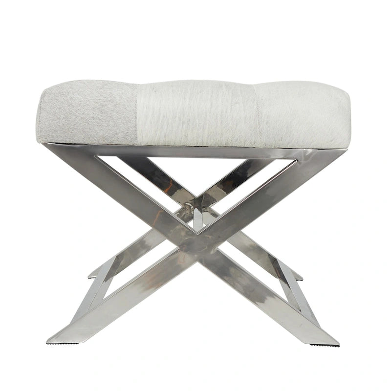 Tufted Leather Upholstered Accent Bench with Silver X-Base, Light Grey / Grey
