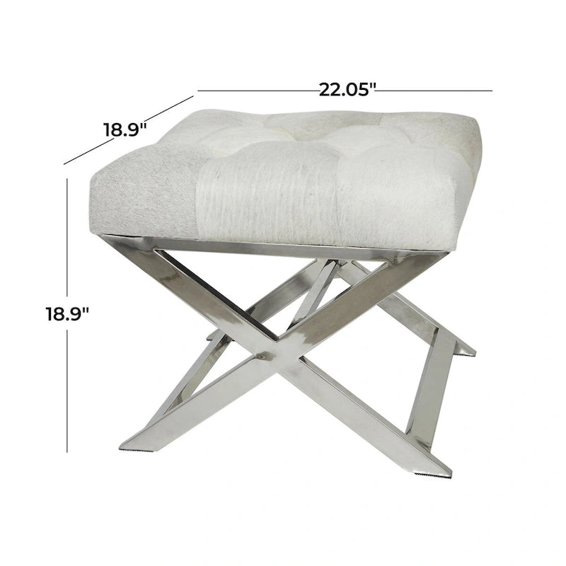 Tufted Leather Upholstered Accent Bench with Silver X-Base, Light Grey / Grey